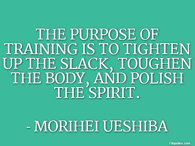 The purpose of training is to tighten up the slack, toughen the body, and polish the spirit. - Morihei Ueshiba